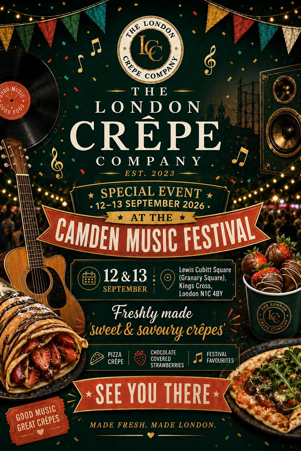 Camden Music Festival — The London Crêpe Company, Special Event 12 to 13 September 2026, Lewis Cubitt Square (Granary Square), King's Cross, London N1C 4BY