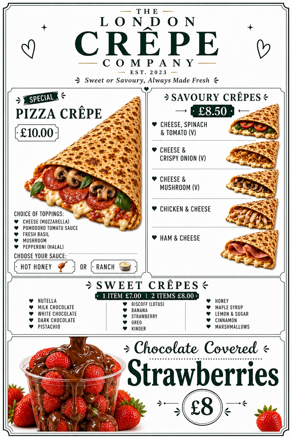 The London Crêpe Company full menu: Pizza Crêpe GBP10, Savoury Crêpes GBP8.50, Sweet Crêpes GBP7 for one item or GBP8 for two, Chocolate Covered Strawberries GBP8